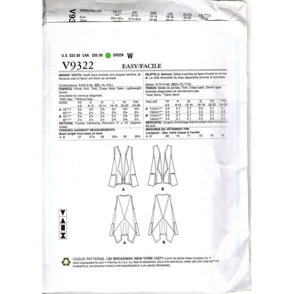 Vogue V9322 Misses XS to M Marcy Tilton Vests Uncut Sewing Pattern Uncut - Picture 2 of 2